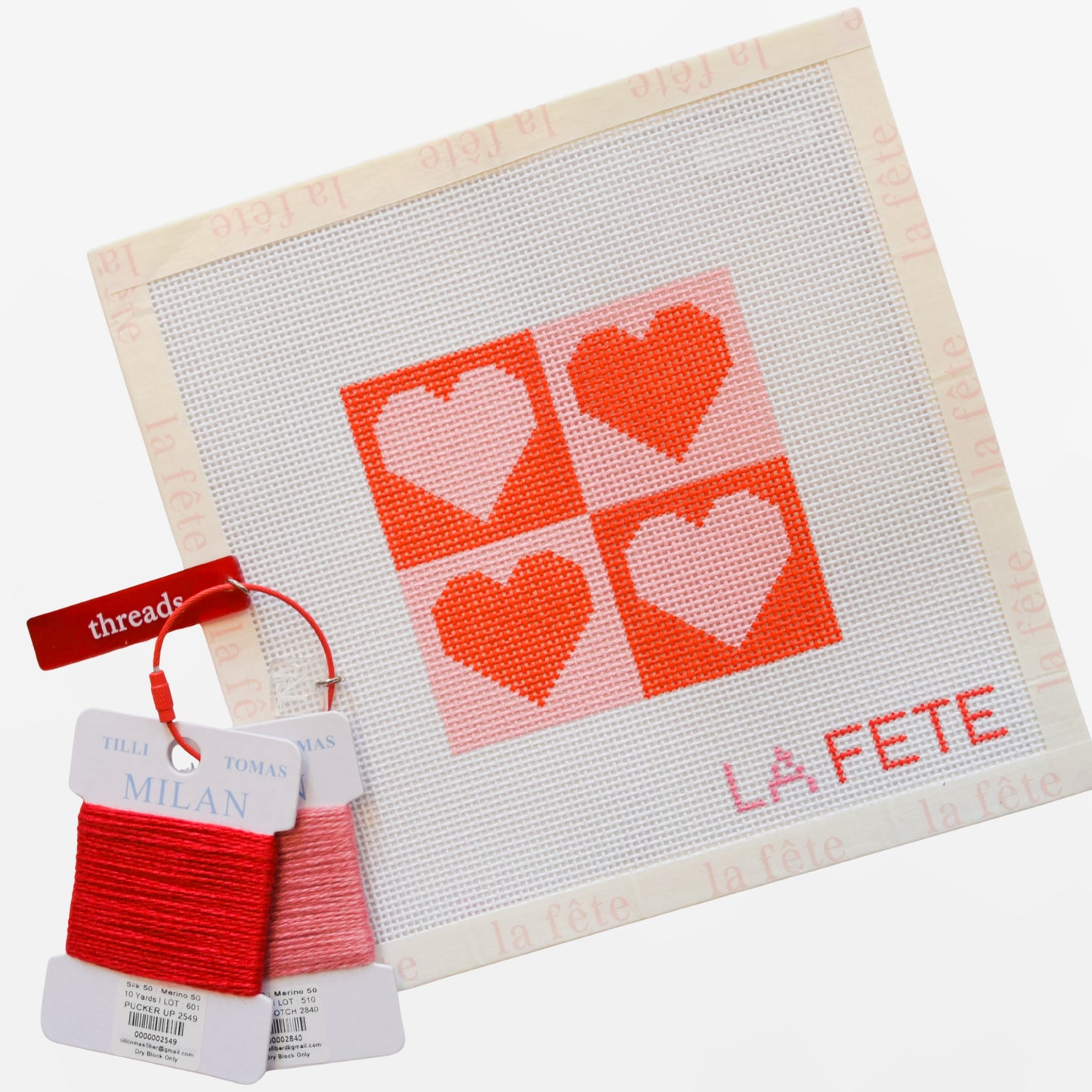 La Fete Starter Kit Hearts Hand Painted Needlepoint Canvas