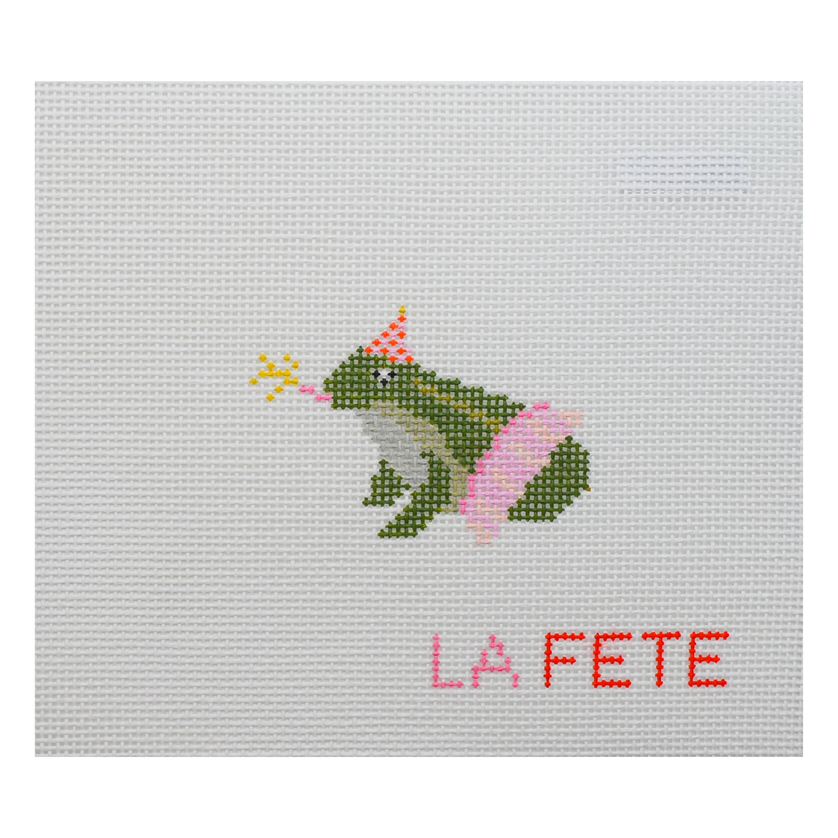 Party Frog needlepoint canvas from La Fête Needlepoint’s Party Animals collection