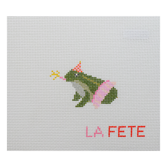 Party Frog needlepoint canvas from La Fête Needlepoint’s Party Animals collection
