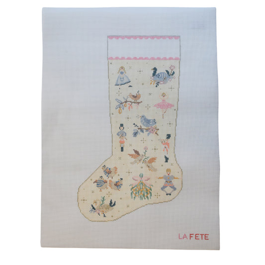 12 Days of Christmas Cream Stocking Hand Painted Needlepoint Canvas